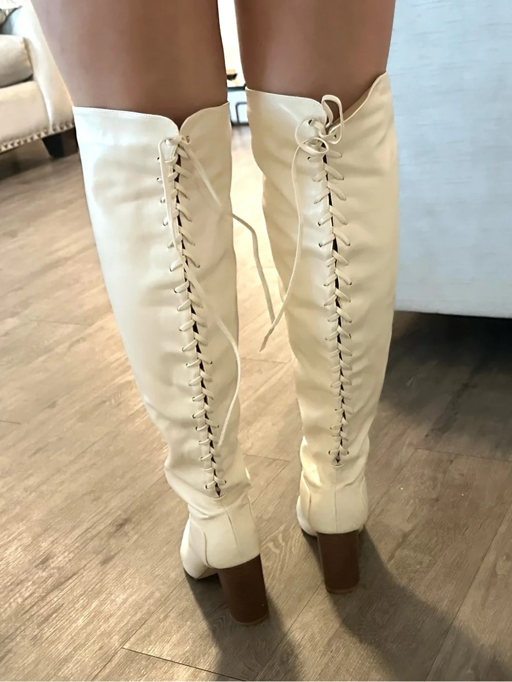 Women's White Knee-High Pointed Toe Block Heel Boots